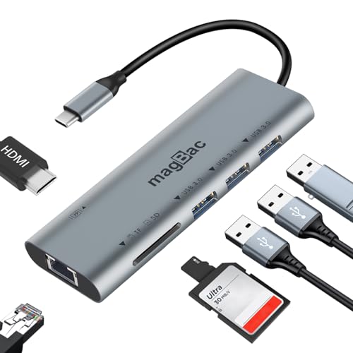 MagBac USB C Docking Station 7 in 1 USB C HUB Multiport Adapter with 3 5Gbps USB A Port, 1 HDMI 4K@30Hz, Gigabit Ethernet, SD/TF Card Slot for Windows and MacOS Laptop with Full-Featured Type C Port - style: 7 in 1 dock