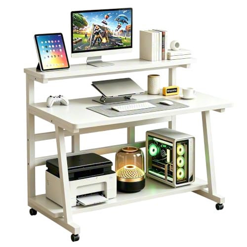 Rolling Computer Desk, 31.5 Inch Small Desks For Small Space, Portable Small Computer Desk with Monitor Stand & 3-Tier Storage, Portable Desk on Wheels for Writing, Home Office, Small Desk for Bedroom - color: Frame：white/Board：white, size: 47.2“*19.7”