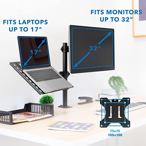 Mount-It! Laptop Desk Mount with Monitor Arm, Dual Laptop and Monitor Stand, Fully Adjustable, VESA Compatible, Ventilated Tray, Fits 13-32" Screens and Laptops up to 17", Clamp & Grommet Base