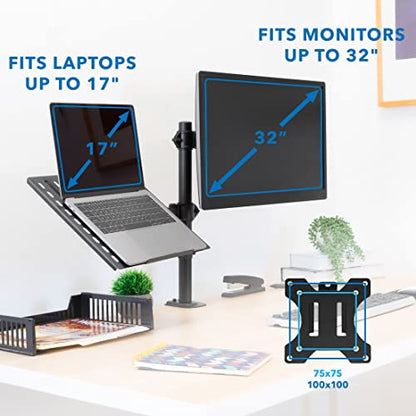Mount-It! Laptop Desk Mount with Monitor Arm, Dual Laptop and Monitor Stand, Fully Adjustable, VESA Compatible, Ventilated Tray, Fits 13-32" Screens and Laptops up to 17", Clamp & Grommet Base