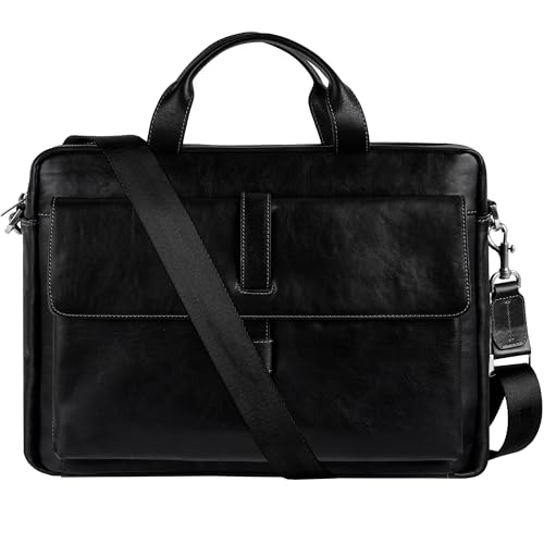 Time Resistance Leather Briefcase - Italian Handmade Leather Laptop Bag - Handbag for Men and Women - color: Black