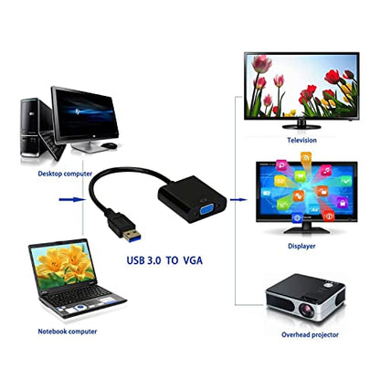 USB 3.0 to VGA Adapter, USB 3.0/2.0 to VGA 1080P Adapter (Male to Female), Multi Monitor External Video Graphic Card Cable Converter for Windows 10/8.1/8/7/XP Built-in-Drivers