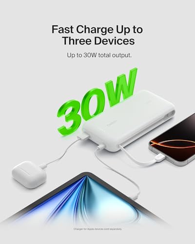 Belkin 20000mAh 30W USB C Power Bank, Portable Charger for iPhone & iPad | Fast Charging, Integrated USB C Cable, Eatra USB C Port, iPhone 17, iPad, Samsung Galaxy S26, Charge 2 Devices - color: White, style: 20K mAh