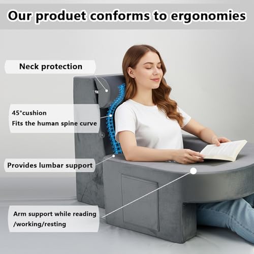 RSN Reading Pillow Set for Bed Sitting, 3 Piece Gaming Pillow-Ergonomic Back/Neck Support with Arms & Pockets, Bed Desk for Adults Laptop and Writing (Gray, OneSize)