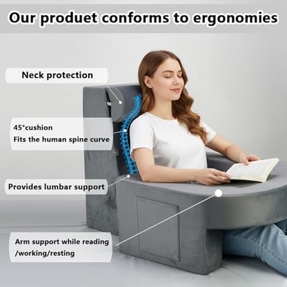 RSN Reading Pillow Set for Bed Sitting, 3 Piece Gaming Pillow-Ergonomic Back/Neck Support with Arms & Pockets, Bed Desk for Adults Laptop and Writing (Gray, OneSize)