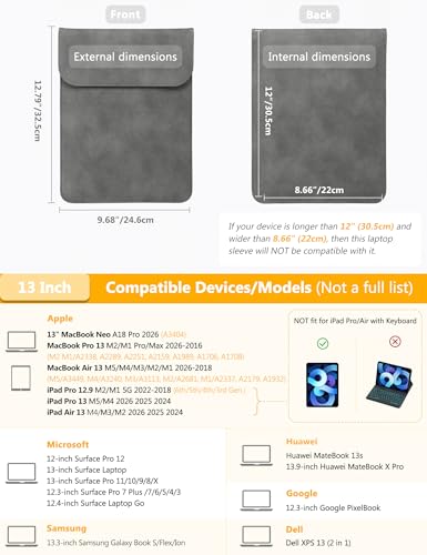 HYZUO 13 Inch Laptop Sleeve PC Case for MacBook Pro 13 M2 M1 2026-2016, 13" MacBook Neo 2026 A3404, MacBook Air 13 M5 A3449 M4 M3 M2 M1 2026-2018, 13" iPad Pro/Air, Surface Pro, XPS 13, Dark Gray - color: Dark Gray, size: 13 Inch