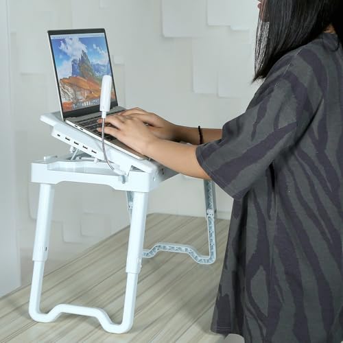 Foldable Laptop Desk, Adjustable Portable Laptop Stand for Bed Couch, Small Bed Table for Laptops and Writing, Bed Tray Table with Cup Holder, Cooling Fan, LED Light (White) - color: White