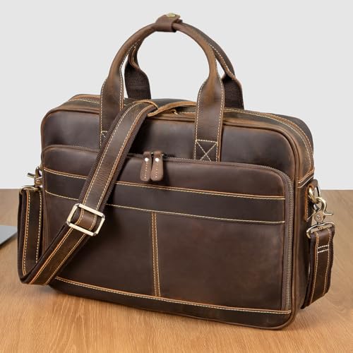 Augus Leather Briefcase for Men, 16 Inch, Full-Grain Leather, YKK Zipper - color: Coffee