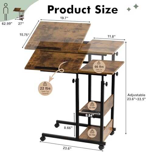 Hadulcet Adjustable C Table with Charging Station, Tiltable Desk C Shaped End Table for Couch, Over Bed Table with Wheels Adjustable Height, Hospital Table Laptop Stand Drawing Desk, Rustic Brown - color: Romantic Brown, style: Upgrade
