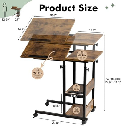 Hadulcet Adjustable C Table with Charging Station, Tiltable Desk C Shaped End Table for Couch, Over Bed Table with Wheels Adjustable Height, Hospital Table Laptop Stand Drawing Desk, Rustic Brown - color: Romantic Brown, style: Upgrade