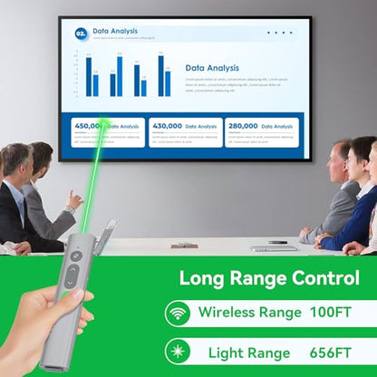 Presentation Clickers for PowerPoint Presentations, [Aluminum Alloy] + [2 in 1 USB C/A] PowerPoint Clicker with Laser Pointer Wireless Presenter PPT Slide Remote Control Clicker for Mac, Computer - style: Green Light