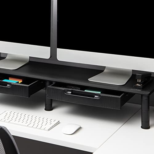 Mind Reader Dual Monitor Stand, Height Adjustable, Desktop Organizer, Laptop Riser, Office, 38.5"L x 11"W x 2.55-6.5"H, Black - size: 1 Tier with Drawer