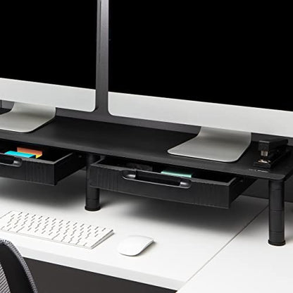Mind Reader Dual Monitor Stand, Height Adjustable, Desktop Organizer, Laptop Riser, Office, 38.5"L x 11"W x 2.55-6.5"H, Black - size: 1 Tier with Drawer