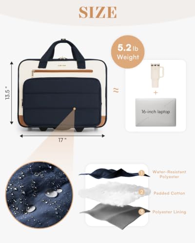 Puffer Women's Rolling Laptop Briefcase Bag with Wheels for Work & Travel | Fits 16-Inch Rolling Computer Bag, Water Resistant, TSA Friendly, 4 Pockets, Lockable Zippers, 3 Ways to Carry - color: Ribbed Navy Blue