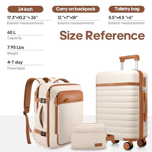 UKEIN Luggage Sets 3 Piece, PC Hardside Large Luggage 24Inch With Spinner Wheels with TSA Lock, Carry On Suitcase Set With Travel Backpack for Men (Beige, 3 piece set (24inch)) - color: Beige, size: 3 piece set (24inch)