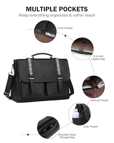 Messenger Bag for Women, 17L Leather Satchel Backpack Purse | Large Laptop Briefcase Multi Pocket Shoulder Bags, Spacious Compartments for Office, Travel, Work, Business, Daily Gift - color: Black Retro Style