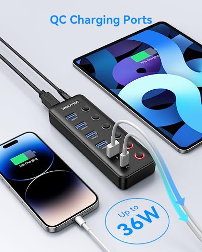 Powered USB 3.0 Hub, Wenter 6-Port USB Hub Splitter (4 Faster Data Transfer Ports+ 2Pcs 36W QC Charging Ports) with Individual LED On/Off Switches, USB Hub 3.0 Powered with Power Adapter - color: 4+1A+1C