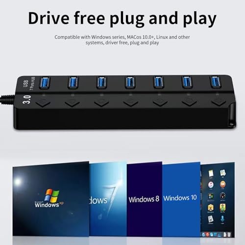 USB Hub 3.0, 7-Port USB Hub Splitter with Individual On/Off Switches and Lights, 3.2ft/1m Long Cable Compatible with MacBook/Laptop/Surface Pro/PS4/PC/Flash Drive/Mobile HDD