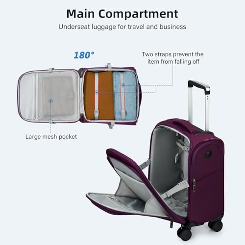 HanTrip 16 Inch Underseat Carry On Luggage with Wheels Softside Small Suitcases Personal Item Bag with Pocket Travel Luggage for Men Women Business Overnight Bag(Purple) - color: Purple