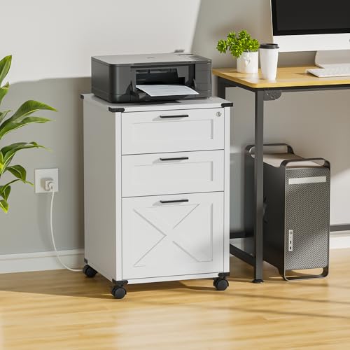 Onelike Small Wood File Cabinet with Charging Station and Lock, 3 Drawers | Built-in 2 AC, USB & Type-C; 1 lock secures 3 drawers; Nightstand, Printer stand and Mobile under-desk cabinet; White - style: 3 Drawers
