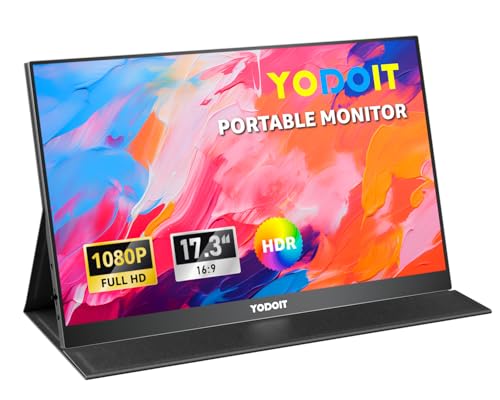 Yodoit Portable Monitor for Laptop 1920×1080 17.3" FHD Screen IPS Display with USB Type C Port, Built-in Speakers and Smart Cover Compatible with PC, MacBook, Xbox (Black) - size: 17.3 inch FHD