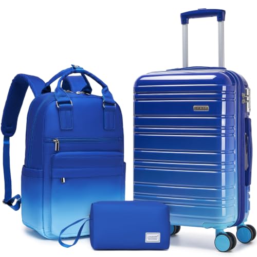 LARVENDER Carry on Luggage Sets 3 Piece, 20 Inch Suitcases, Navy Glow | 22x14x9 Airline Approved, Gradient PC+ABS Hardshell, Smooth 360° Wheels, TSA Lock, 3-Piece Set with Color-matched Backpack - color: Navy Glow 20BP, size: 3 Piece Set (Backpack/TB/20)