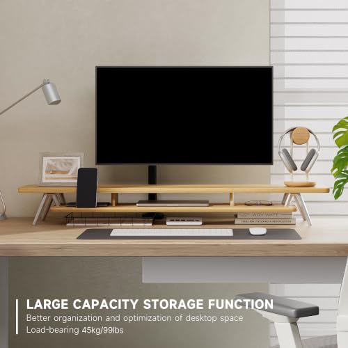 Fenge Dual Monitor Stand Riser, Wooden Desk Shelf with 2-Tier Storage | 47.2-Inch Extra Wide, Sturdy Aluminum Legs, Built-In Phone & Tablet Slot, Desktop Organizer for Office Accessories - color: Dark Oak, size: 47.2 Inch