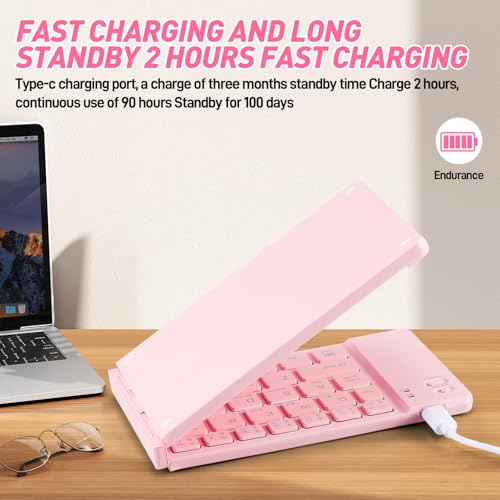 Mini Rechargeable Foldable Bluetooth Keyboard and Mouse Combo, Portable (Sync Up to 3 Devices), Ultra-Slim Travel Folding Keyboard for iPhone iPad Mac Android Windows iOS（Pink） - color: pink