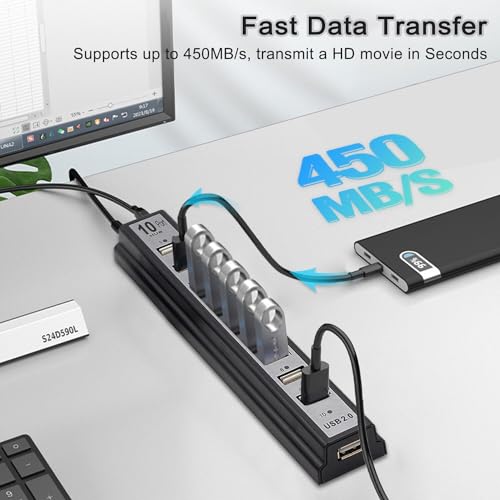 Powered USB Hub 2.0, VIENON 10-Port USB Hub USB Extender Splitterwith Individual LED Indicator Light for MacBook, PC, Laptop, Desktop - style: Powered 10-Port