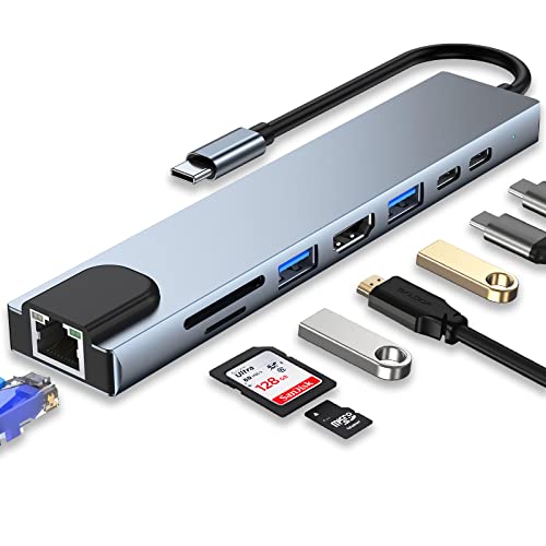 USB C HUB 8 in 1 Docking Station Compatible with MacBook Pro/Air | USB C Adapter with 4K HDMI, 100W PD, USB C Port, USB 3.0, RJ45 Ethernet, SD/TF Card Reader, Compatible with Type C Devices - size: 8 in 1