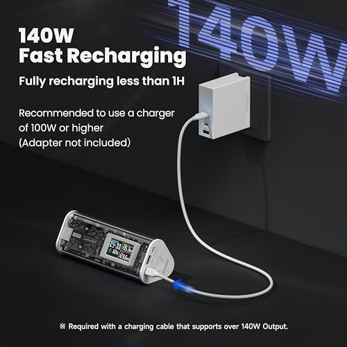SHARGEEK 170 Power Bank, 140W Portable Charger 24000mAh | 86.4Wh High Capacity Battery Pack with Smart Display, 170W Total Output for Laptops - color: Alpine white