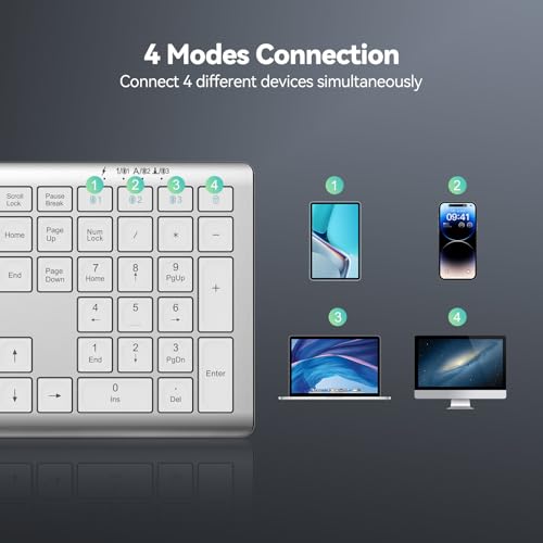 TECKNET Bluetooth Keyboard Rechargeable 4-Device (2.4G+BT) | Multi-device Free Switching, Ultra-Slim, Numeric Keypad, Quiet Full Size Wireless Keyboard for PC/Laptop/Smart TV/Phone - color: White