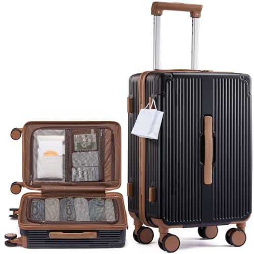 LOVEVOOK Hardside Carry On Luggage 22x14x9 Airline Approved, Small Suitcase | 20 Inch Hard Shell with 3 Multiple Handles, Silent 360° Spinner Wheels With TSA Lock for Trip - color: Black&Brown
