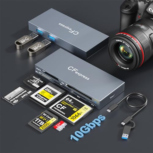 CFexpress Type B Card Reader, USB 3.2 Gen 2 10Gbps Memory Card Reader | 8-in-1 Reader for CFexpress Type B, CF, SD, microSD, xD, MS & 2 USB Ports, Compatible with Windows, Mac, Linux & Android