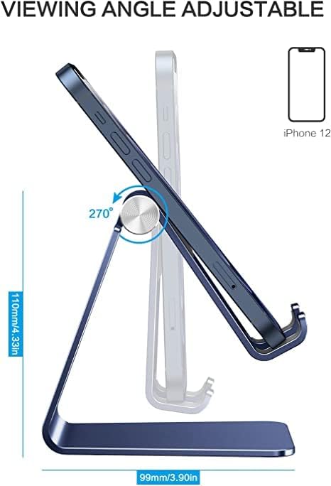 OMOTON C2 Adjustable Cell Phone Stand with Charging Cutout, Navy Blue | Sturdy 3mm Aluminum, Charging Port, 270° Adjustable, Non-Slip Silicone Pads, Works with Thick Cases, for All Smartphones - color: Navy Blue