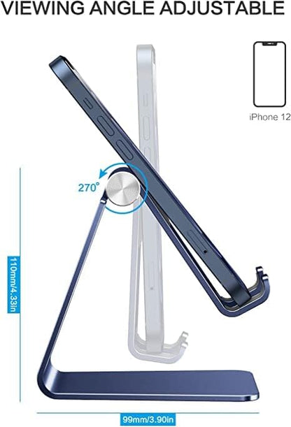 OMOTON C2 Adjustable Cell Phone Stand with Charging Cutout, Navy Blue | Sturdy 3mm Aluminum, Charging Port, 270° Adjustable, Non-Slip Silicone Pads, Works with Thick Cases, for All Smartphones - color: Navy Blue