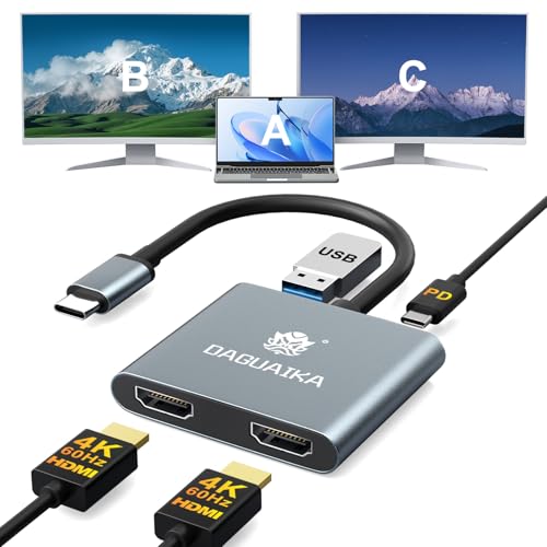 USB C to Dual HDMI Adapter 4K@60Hz, 4-in-1 HDMI Splitter for Dual Monitors, 100W PD Charging, USB A Port, Docking Station for MacBook/LenovoYoga/Thinkpad, XPS and More (macOS only Support SST Mode)