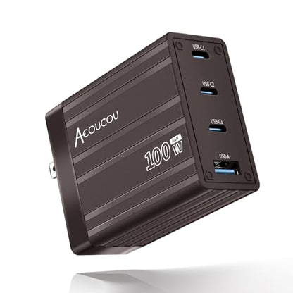 ACOUCOU 100W USB C Charger, 4-Port GaN Fast Charging Foldable Compact Laptop Charger Power Adapter for MacBook, Ipad, iPhone, Galaxy S24 Ultra, Steam Deck, Google Pixelbook and More