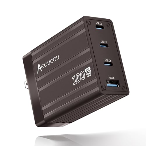 ACOUCOU 100W USB C Charger, 4-Port GaN Fast Charging Foldable Compact Laptop Charger Power Adapter for MacBook, Ipad, iPhone, Galaxy S24 Ultra, Steam Deck, Google Pixelbook and More
