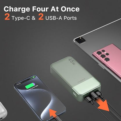JUOVI Power Bank, 20000mAh 45W Portable Charger, PD3.0 QC4.0 Fast Charging with LED Display, 2 USB-C, 2 USB-A, Battery Pack for iPhone 15 14 13 Series, MacBook, Galaxy, iPad, and More (Green) - color: Green