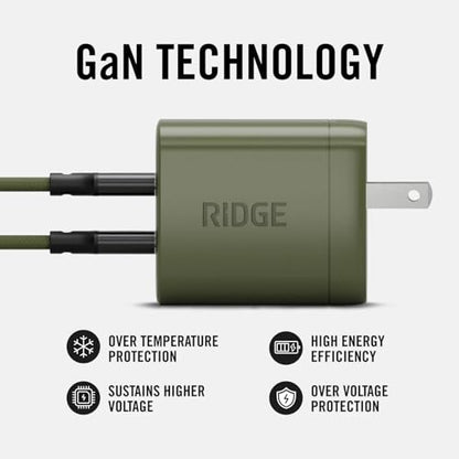 Ridge 45W Wall Charger Set, Dual USB-C Ports, Laptop-Grade Power with Complete Cable Kit Included - Matte Olive - color: Matte Olive