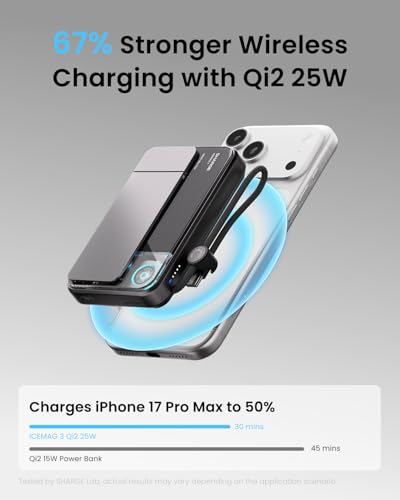 sharge for MagSafe Power Bank Qi2.2 25W 10000mAh Magnetic Portable Charger | ICEMAG 3 35W USB-C Fast Charging with Active Cooling& Built-in Cable, Transparent Design, Wireless Battery Pack - style: White