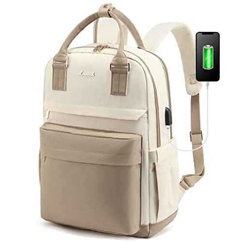 LOVEVOOK Laptop Backpack for Women 14 Inch Laptop Bag with USB Port, Fashion Waterproof Backpacks Teacher Nurse Stylish Travel Bags Vintage Daypacks for College Work - color: Khaki & Pinkish Beige, size: 14 Inch