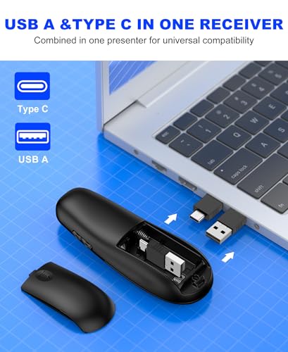 USB Type C Wireless Presentation Clicker, BT&RF 2.4GHz Dual Modes Presenter Remote for PowerPoint Presentations Compatible with Bluetooth-Enabled Laptops Desktop Computers - style: AAA+USB A&C+BT