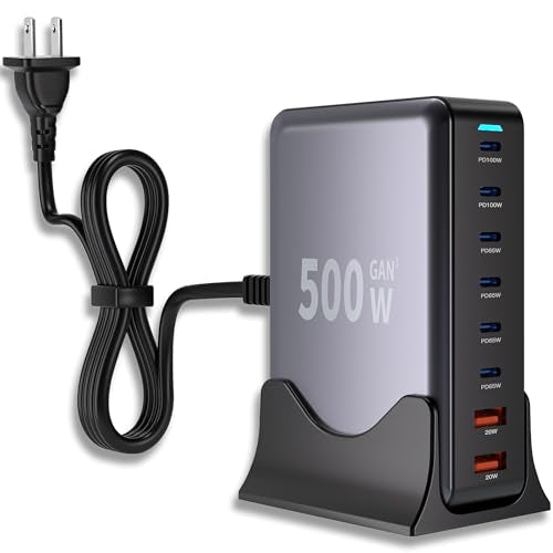 500W GaN USB C Charger Block Charging Station 8 Port Fast Charger Block with Dual 100W PD USB-C Fast Charging Station Hub Compatible with iPhone 17/16 15/14/13/Pro Max/MacBook Pro/Air/All iPad (Black) - color: Black-B