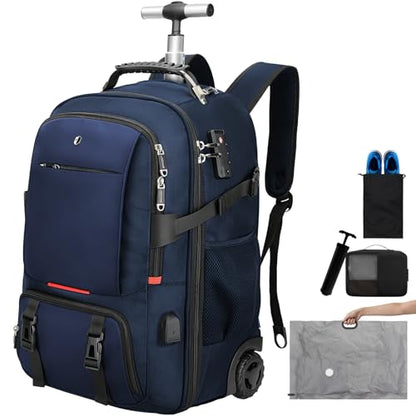 Backpack with wheels,rolling backpack with 2 Packing Cubes and compression bags,Laptop Compartment,Water Resistant Luggage suitcase,Air Travel,Weekend Trips (Blue) - color: Blue