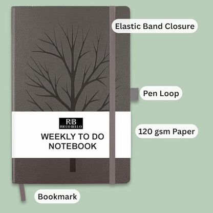 RICCO BELLO Undated Weekly Planner To Do Notebook, Tree, 5.7 x 8.4 Inches | Faux Leather, Hardcover, Pen Holder, Bookmark & Band Closure, Storage Pocket - color: Gray Tree