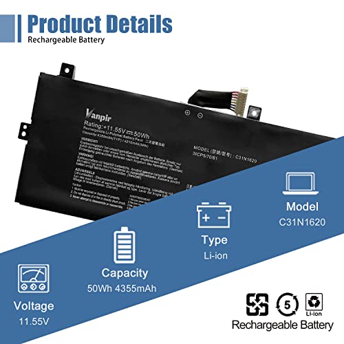 C31N1620 Laptop Battery Replacement for Asus Zenbook U4100U U4100UQ UX430U UX430UQ UX430UQ-GV015T Series 0B200-02370000 C31PoJH 31CP5/70/81 11.55V 50Wh 4335mAh - size: 11.16*3.56*0.25 inch C31N1620