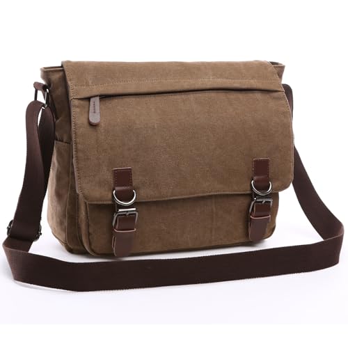 Evergoo Vintage Messenger Bag Unisex Shoulder Bags Canvas Satchel Cross Body Work Satchel Briefcase for 15.6 Inch Laptop - color: Coffee