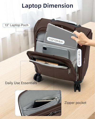 HanTrip 16 Inch Underseat Carry On Luggage with Wheels Softside Small Suitcases Personal Item Bag with Pocket Travel Luggage for Men Women Business Overnight Bag(Coffee) - color: Coffee
